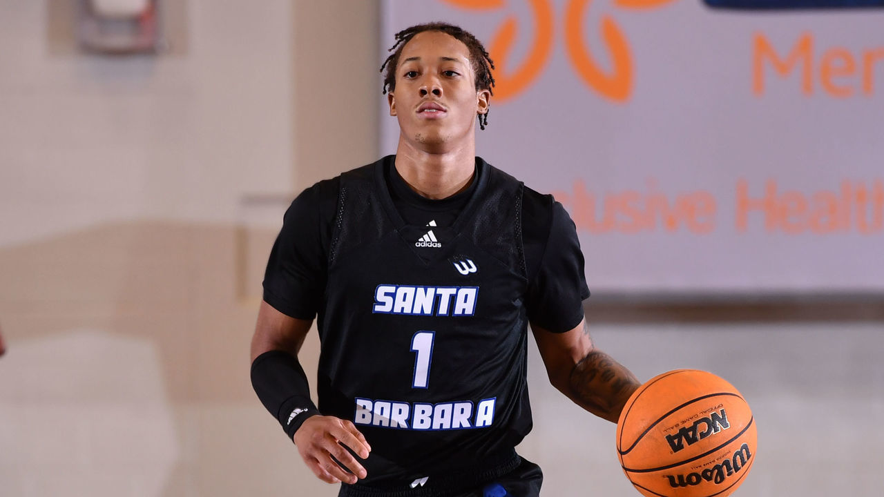 BAKERSFIELD, CA - JANUARY 11: UC Santa Barbara Gauchos guard Josh Pierre-Louis (1) dribbles the ball up the court during the game between the UC Santa Barbara and the Cal State Bakersfield on January 11, 2023, at Icardo Center in Bakersfield, CA.