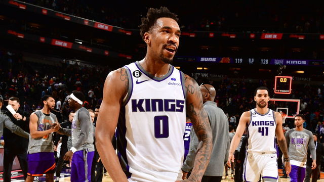 PHOENIX, AZ - MARCH 11: Malik Monk #0 of the Sacramento Kings celebrates after the game against the Phoenix Suns on March 11, 2023 at Footprint Center in Phoenix, Arizona. Mandatory Copyright Notice: Copyright 2023 NBAE