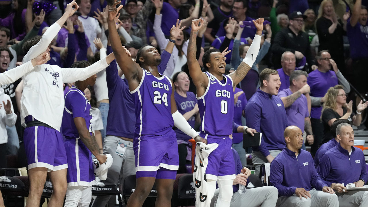 LAS VEGAS, NEVADA - MARCH 10: The Grand Canyon Antelopes bench celebrates a basket in the final seconds of the game against the Sam Houston Bearkats at the Orleans Arena on March 10, 2023 in Las Vegas, Nevada. The Antelopes defeated the Bearkats 78-75.