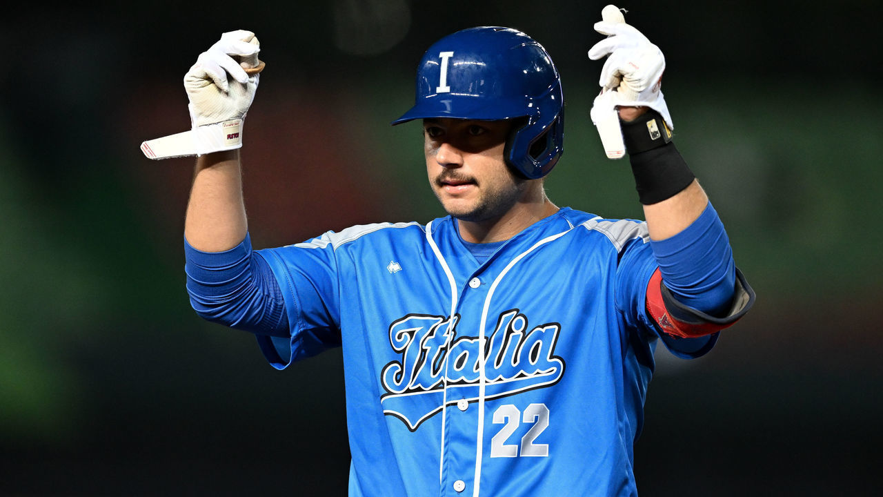 TAICHUNG, TAIWAN - MARCH 12: David Fletcher #22 of Team Italy hits a single at the bottom of the 8th inning during the World Baseball Classic Pool A game between Netherlands and Italy at Taichung Intercontinental Baseball Stadium on March 12, 2023 in Taichung, Taiwan.