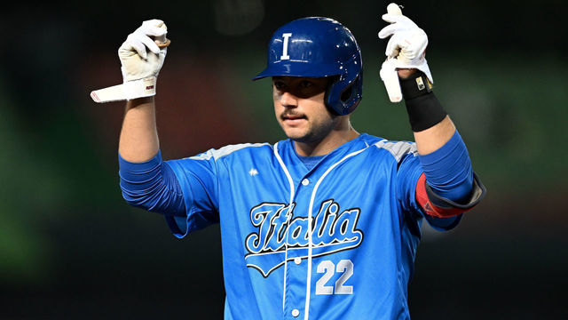 TAICHUNG, TAIWAN - MARCH 12: David Fletcher #22 of Team Italy hits a single at the bottom of the 8th inning during the World Baseball Classic Pool A game between Netherlands and Italy at Taichung Intercontinental Baseball Stadium on March 12, 2023 in Taichung, Taiwan.