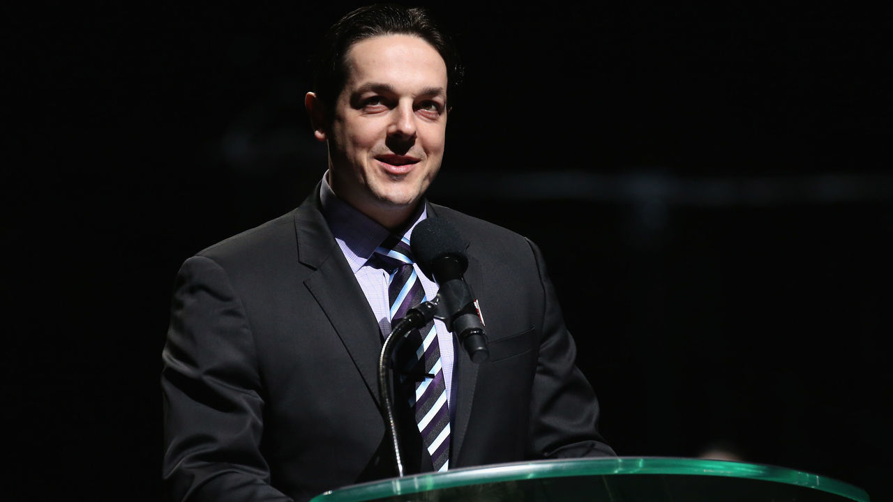 GLENDALE, ARIZONA - FEBRUARY 24: Former teammate Daniel Briere speaks during a pregame ceremony to honor Shane Doan and retire his jersey at Gila River Arena on February 24, 2019 in Glendale, Arizona.
