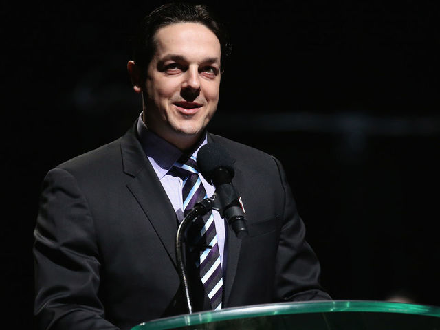 GLENDALE, ARIZONA - FEBRUARY 24: Former teammate Daniel Briere speaks during a pregame ceremony to honor Shane Doan and retire his jersey at Gila River Arena on February 24, 2019 in Glendale, Arizona.