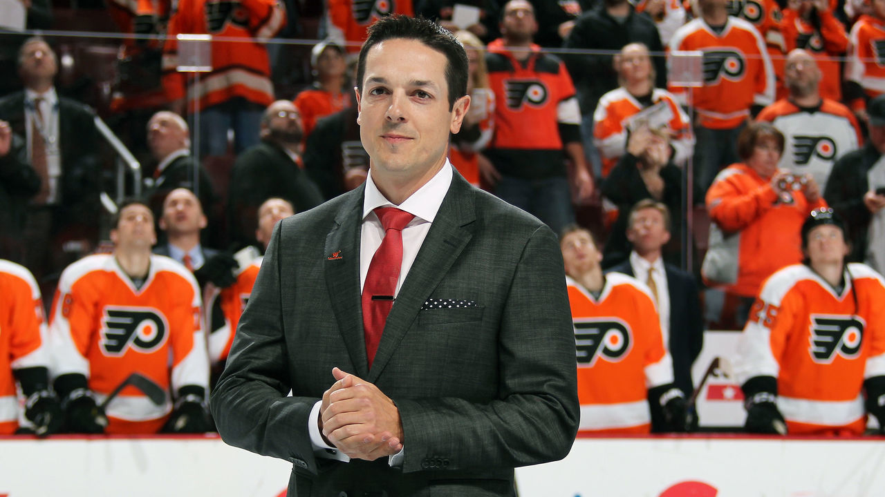 PHILADELPHIA, PA - OCTOBER 27: Former Philadelphia Flyer and Buffalo Sabre Daniel Briere looks on during a pre-game ceremony honoring his retirement from the NHL on October 27, 2015 at the Wells Fargo Center in Philadelphia, Pennsylvania.