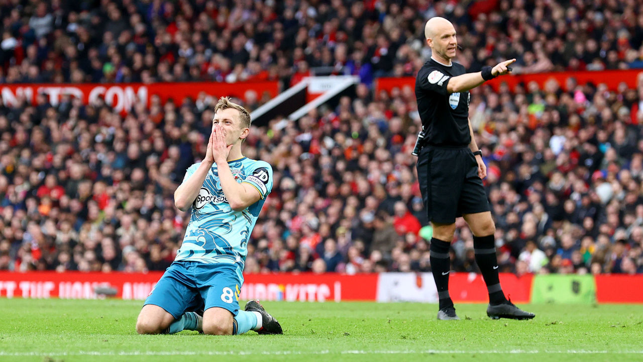 MANCHESTER, ENGLAND - MARCH 12: James Ward-Prowse of Southampton reacts after hitting the cross bar from a free kick during the Premier League match between Manchester United and Southampton FC at Old Trafford on March 12, 2023 in Manchester, England.