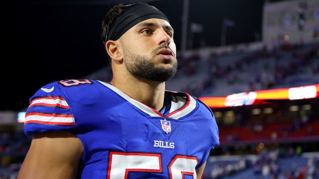 ORCHARD PARK, NEW YORK - SEPTEMBER 19: Matt Milano #58 of the Buffalo Bills reacts after defeating the Tennessee Titans in the game at Highmark Stadium on September 19, 2022 in Orchard Park, New York.