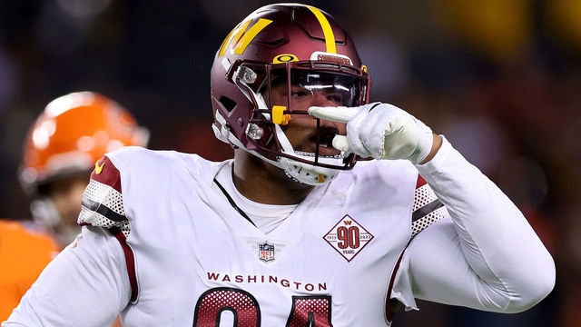 CHICAGO, ILLINOIS - OCTOBER 13: Daron Payne #94 of the Washington Commanders celebrates a sack during the first quarter against the Chicago Bears at Soldier Field on October 13, 2022 in Chicago, Illinois.