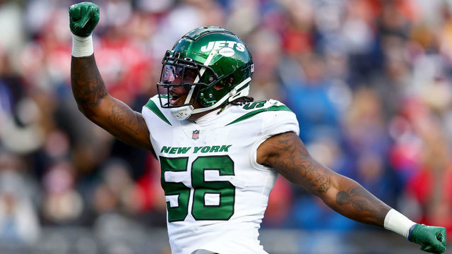 FOXBOROUGH, MASSACHUSETTS - NOVEMBER 20: Quincy Williams #56 of the New York Jets reacts after a sack against the New England Patriots during the first quarter at Gillette Stadium on November 20, 2022 in Foxborough, Massachusetts.