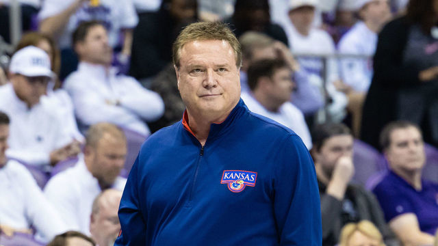 FORT WORTH, TX - FEBRUARY 20: Kansas Jayhawks head coach Bill Self looks on from the sideline during the college basketball game between the TCU Horned Frogs and Kansas Jayhawks on February 20, 2023 at Ed & Rae Schollmaier Arena in Fort Worth, Texas.