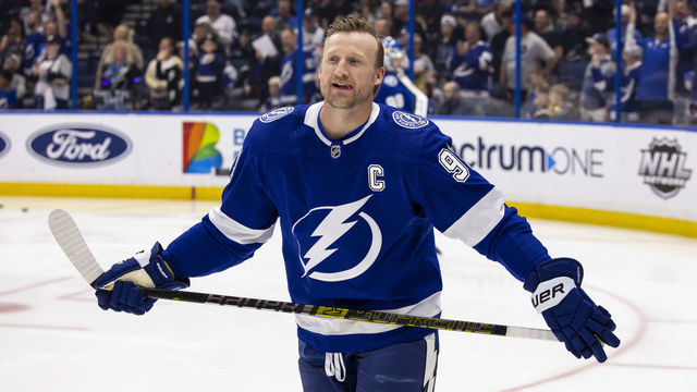 TAMPA, FL - MARCH 11: Steven Stamkos #91 of the Tampa Bay Lightning before the game against the Chicago Blackhawks at Amalie Arena on March 11, 2023 in Tampa, Florida.