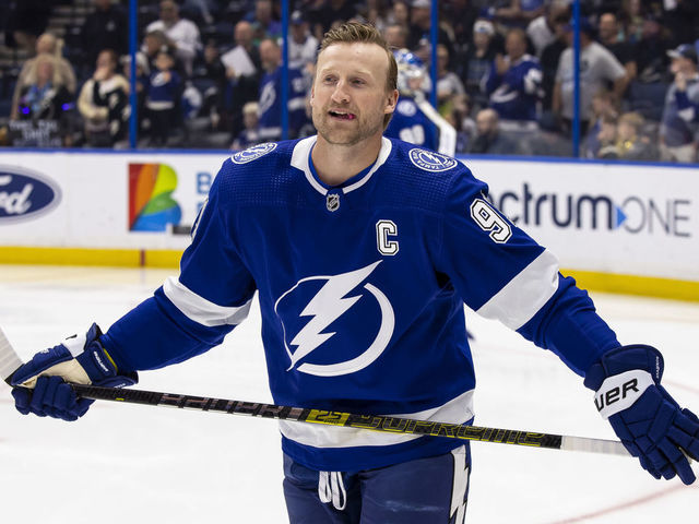 TAMPA, FL - MARCH 11: Steven Stamkos #91 of the Tampa Bay Lightning before the game against the Chicago Blackhawks at Amalie Arena on March 11, 2023 in Tampa, Florida.