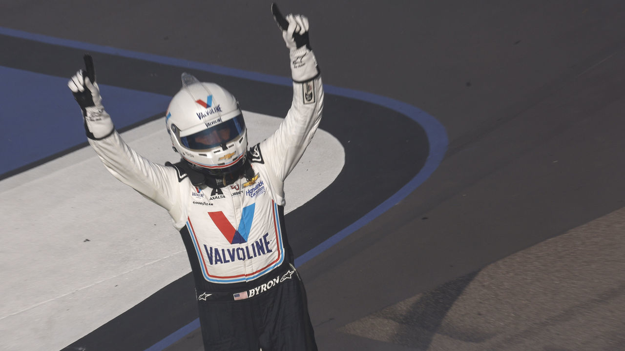 AVONDALE, ARIZONA - MARCH 12: William Byron, driver of the #24 Valvoline Chevrolet, celebrates after winning the NASCAR Cup Series United Rentals Work United 500 at Phoenix Raceway on March 12, 2023 in Avondale, Arizona.