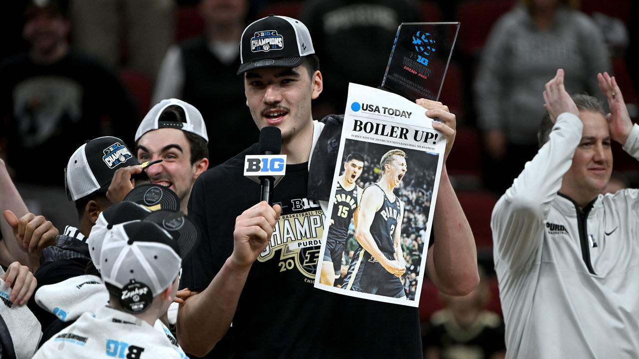CHICAGO, ILLINOIS - MARCH 12: Zach Edey #15 of the Purdue Boilermakers celebrates with his teammates after defeating the Penn State Nittany Lions in the Big Ten Basketball Tournament Championship game at United Center on March 12, 2023 in Chicago, Illinois.