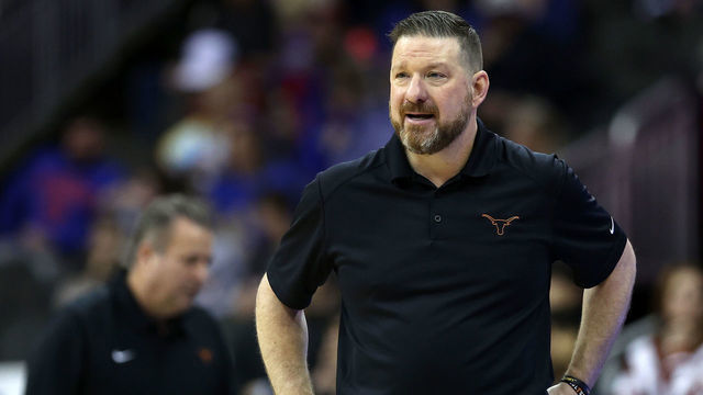 KANSAS CITY, MISSOURI - MARCH 10: Head coach Chris Beard of the Texas Longhorns reacts in the second half against the TCU Horned Frogs during the first round game of the 2022 Phillips 66 Big 12 Men's Basketball Tournament at T-Mobile Center on March 10, 2022 in Kansas City, Missouri.