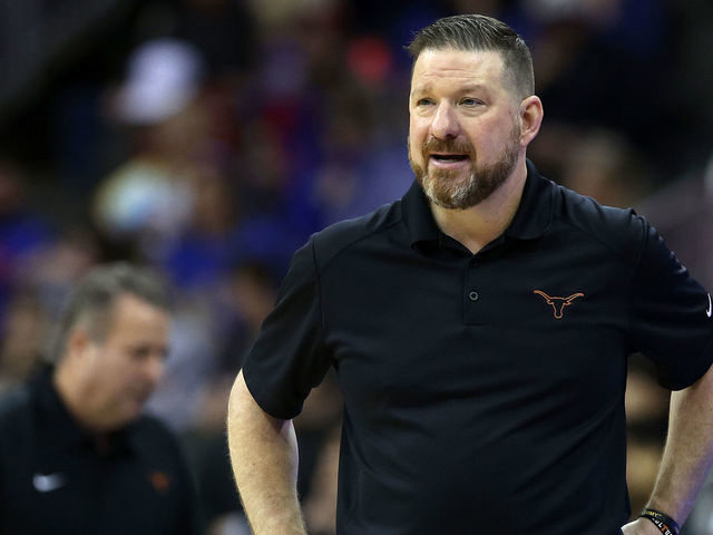 KANSAS CITY, MISSOURI - MARCH 10: Head coach Chris Beard of the Texas Longhorns reacts in the second half against the TCU Horned Frogs during the first round game of the 2022 Phillips 66 Big 12 Men's Basketball Tournament at T-Mobile Center on March 10, 2022 in Kansas City, Missouri.