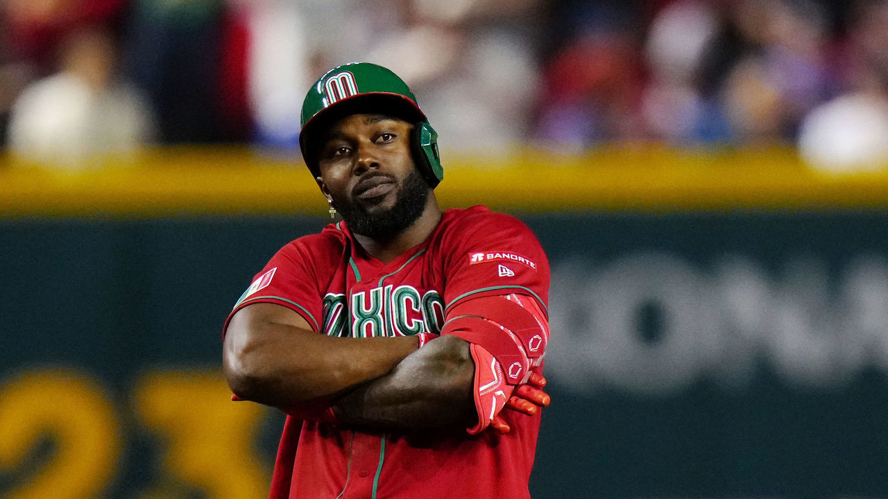 PHOENIX, AZ - MARCH 12: Randy Arozarena #56 of Team Mexico reacts to hitting a RBI double in the eighth inning during Game 4 of Pool C between Team Mexico and Team USA at Chase Field on Sunday, March 12, 2023 in Phoenix, Arizona.