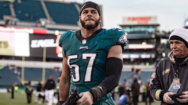 PHILADELPHIA, PA - DECEMBER 04: Philadelphia Eagles linebacker T.J. Edwards (57) exits the field after the National Football League game between the Tennessee Titans and Philadelphia Eagles on December 4, 2022 at Lincoln Financial Field in Philadelphia, PA