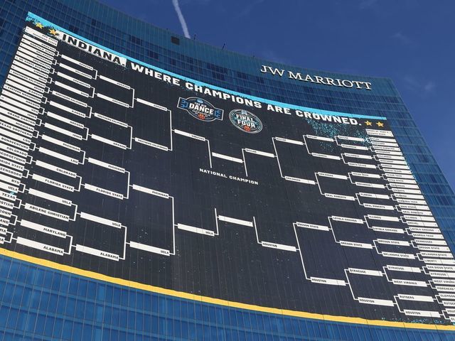INDIANAPOLIS, INDIANA - APRIL 02: Exterior picture of the JW Marriott Hotel which has the entire bracket of the NCAA Men's Basketball Tournament hanging on its building on April 03, 2021 in Indianapolis, Indiana.