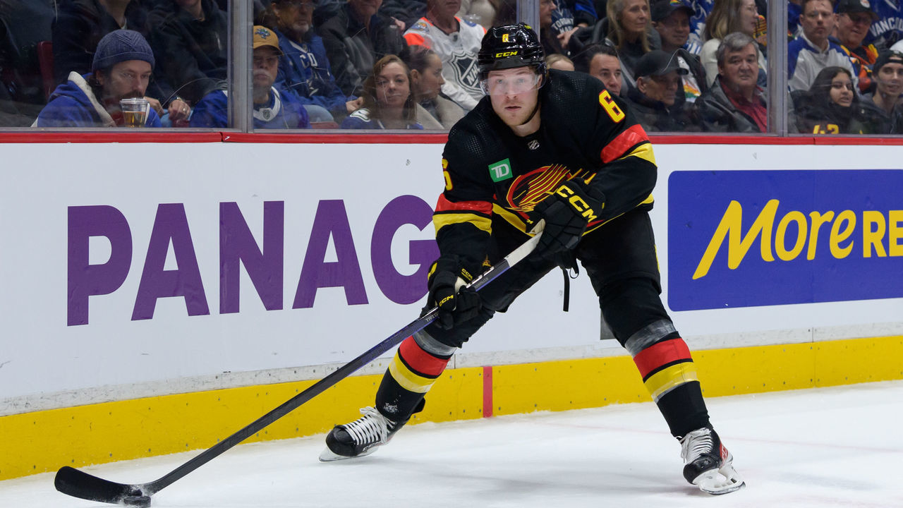 VANCOUVER, CANADA - MARCH 4: Brock Boeser #6 of the Vancouver Canucks skates with the puck during the first period of their NHL game against the Toronto Maple Leafs at Rogers Arena on March 4, 2023 in Vancouver, British Columbia, Canada.