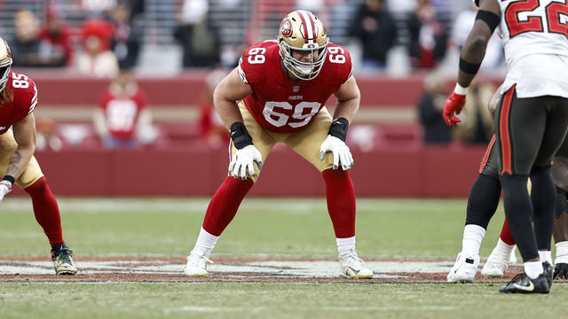 SANTA CLARA, CALIFORNIA - DECEMBER 11: Mike McGlinchey #69 of the San Francisco 49ers lines up during an NFL football game between the San Francisco 49ers and the Tampa Bay Buccaneers at Levi's Stadium on December 11, 2022 in Santa Clara, California.