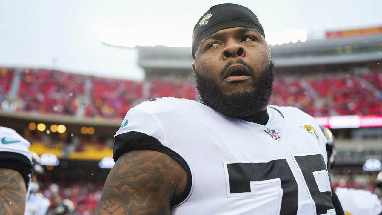 KANSAS CITY, MO - JANUARY 21: Jawaan Taylor #75 of the Jacksonville Jaguars leads the pregame huddle against the Kansas City Chiefs at GEHA Field at Arrowhead Stadium on January 21, 2023 in Kansas City, Missouri.
