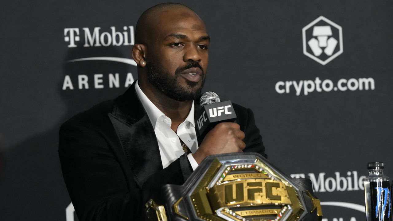 LAS VEGAS, NV - March 5: Jon Jones meets with the media following his win over Cyril Gane at T-Mobile Arena for UFC 285 -Jones vs Gane : Event on March 5, 2023 in Las Vegas, NV, United States.