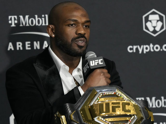 LAS VEGAS, NV - March 5: Jon Jones meets with the media following his win over Cyril Gane at T-Mobile Arena for UFC 285 -Jones vs Gane : Event on March 5, 2023 in Las Vegas, NV, United States.