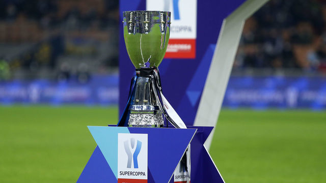STADIO GIUSEPPE MEAZZA, MILANO, ITALY - 2022/01/12: Italian Supercup trophy is exposed before the Italian Supercup match between Fc Internazionale and Juventus Fc. Fc Internazionale wins 2-1 over Juventus Fc.