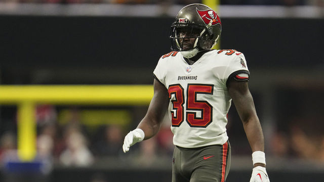 ATLANTA, GA - JANUARY 08: Jamel Dean #35 of the Tampa Bay Buccaneers gets set against the Atlanta Falcons at Mercedes-Benz Stadium on January 8, 2023 in Atlanta, Georgia.