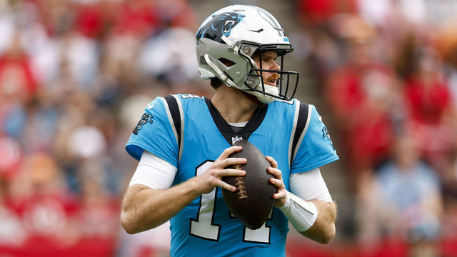 TAMPA, FL - JANUARY 1: Sam Darnold #14 of the Carolina Panthers drops back to pass during the first quarter of an NFL football game against the Tampa Bay Buccaneers at Raymond James Stadium on January 1, 2023 in Tampa, Florida.