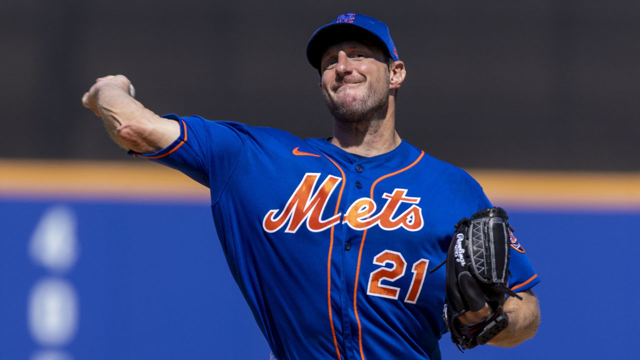 Port St. Lucie, FL: New York Mets pitcher Max Scherzer during a spring training game against the Washington Nationals on Feb. 26, 2023 in Port St. Lucie, FL.