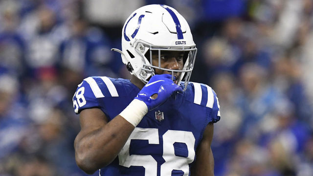 INDIANAPOLIS, IN - DECEMBER 26: Indianapolis Colts linebacker Bobby Okereke (58) waits for play to resume during the NFL football game between the Los Angeles Chargers and the Indianapolis Colts on December 26, 2022, at Lucas Oil Stadium in Indianapolis, Indiana.