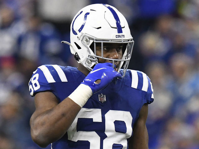 Indianapolis Colts linebacker Bobby Okereke (58) lines up on