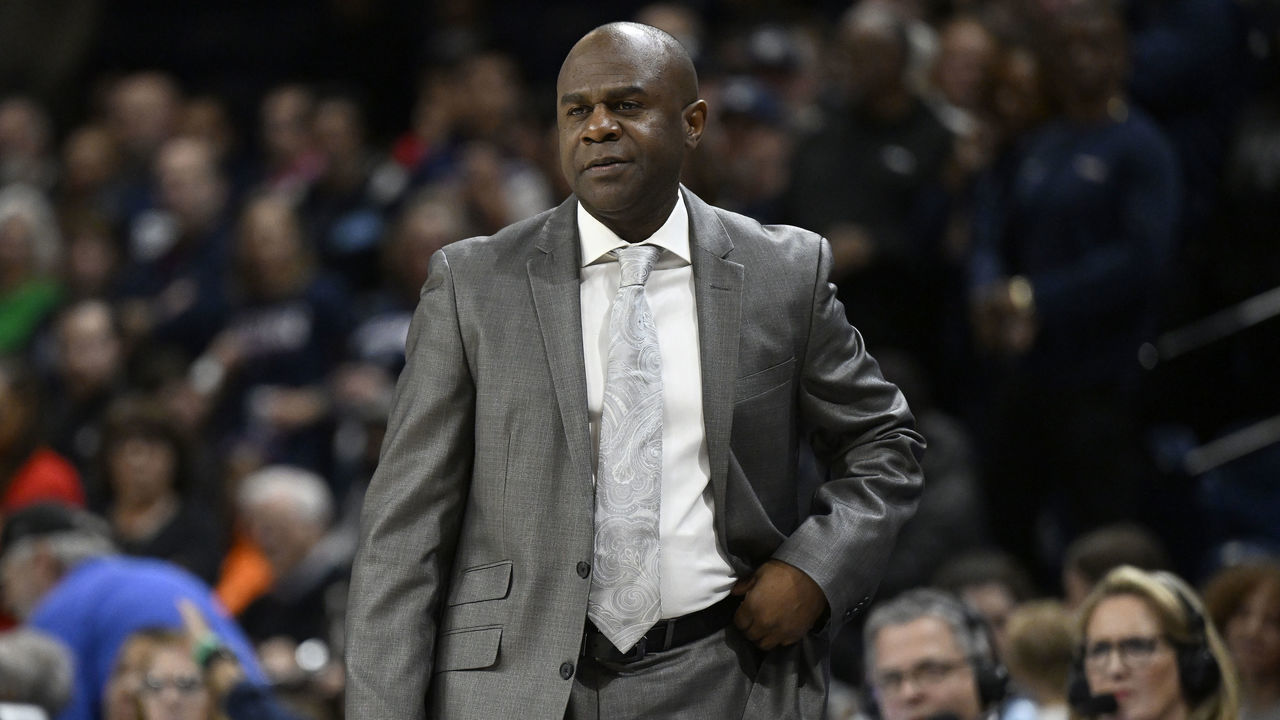 WASHINGTON, DC - FEBRUARY 11: Head coach James Howard of the Georgetown Hoyas watches the game against the UConn Huskies at Entertainment & Sports Arena on February 11, 2023 in Washington, DC.