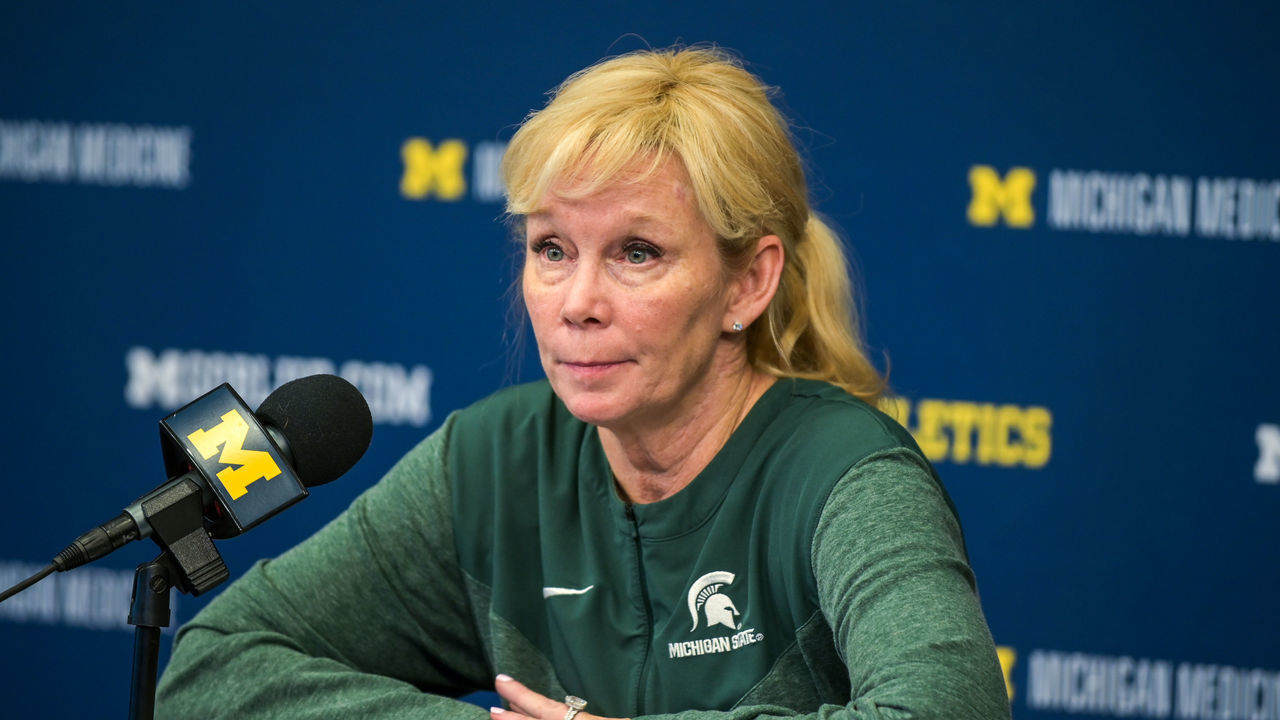 ANN ARBOR, MICHIGAN - JANUARY 14: Head Basketball Coach Suzy Merchant of the Michigan State Spartans speaks to press after a college basketball game against the Michigan Wolverines at Crisler Arena on January 14, 2023 in Ann Arbor, Michigan. The Michigan Wolverines won the game 70-55 over the Michigan State Spartans.