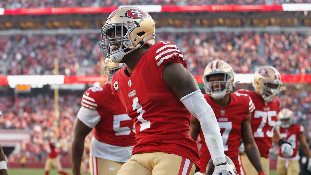 SANTA CLARA, CALIFORNIA - DECEMBER 24: Jimmie Ward #1 of the San Francisco 49ers celebrates after making an interception in the fourth quarter against the Washington Commanders at Levi's Stadium on December 24, 2022 in Santa Clara, California.