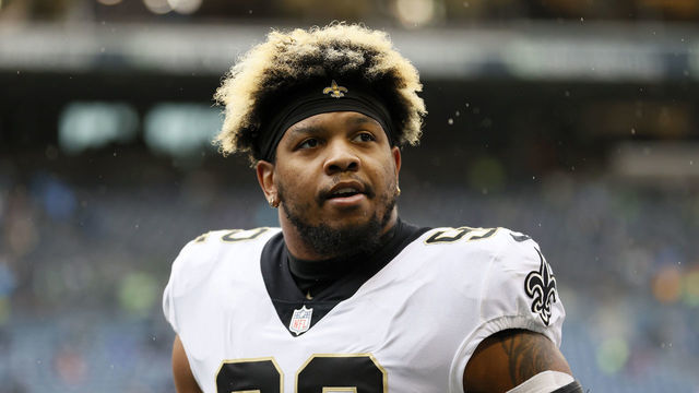 SEATTLE, WASHINGTON - OCTOBER 25: Marcus Davenport #92 of the New Orleans Saints looks on before the game against the Seattle Seahawks at Lumen Field on October 25, 2021 in Seattle, Washington.