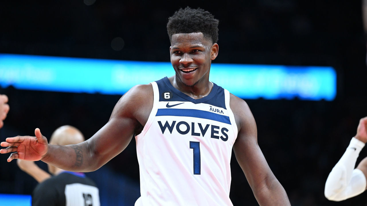 ATLANTA, GA - MARCH 13: Anthony Edwards #1 of the Minnesota Timberwolves smiles during the game against the Atlanta Hawks on March 13, 2023 at State Farm Arena in Atlanta, Georgia. NOTE TO USER: User expressly acknowledges and agrees that, by downloading and/or using this Photograph, user is consenting to the terms and conditions of the Getty Images License Agreement. Mandatory Copyright Notice: Copyright 2023 NBAE
