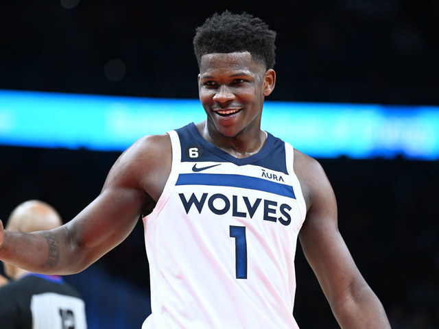 ATLANTA, GA - MARCH 13: Anthony Edwards #1 of the Minnesota Timberwolves smiles during the game against the Atlanta Hawks on March 13, 2023 at State Farm Arena in Atlanta, Georgia. NOTE TO USER: User expressly acknowledges and agrees that, by downloading and/or using this Photograph, user is consenting to the terms and conditions of the Getty Images License Agreement. Mandatory Copyright Notice: Copyright 2023 NBAE