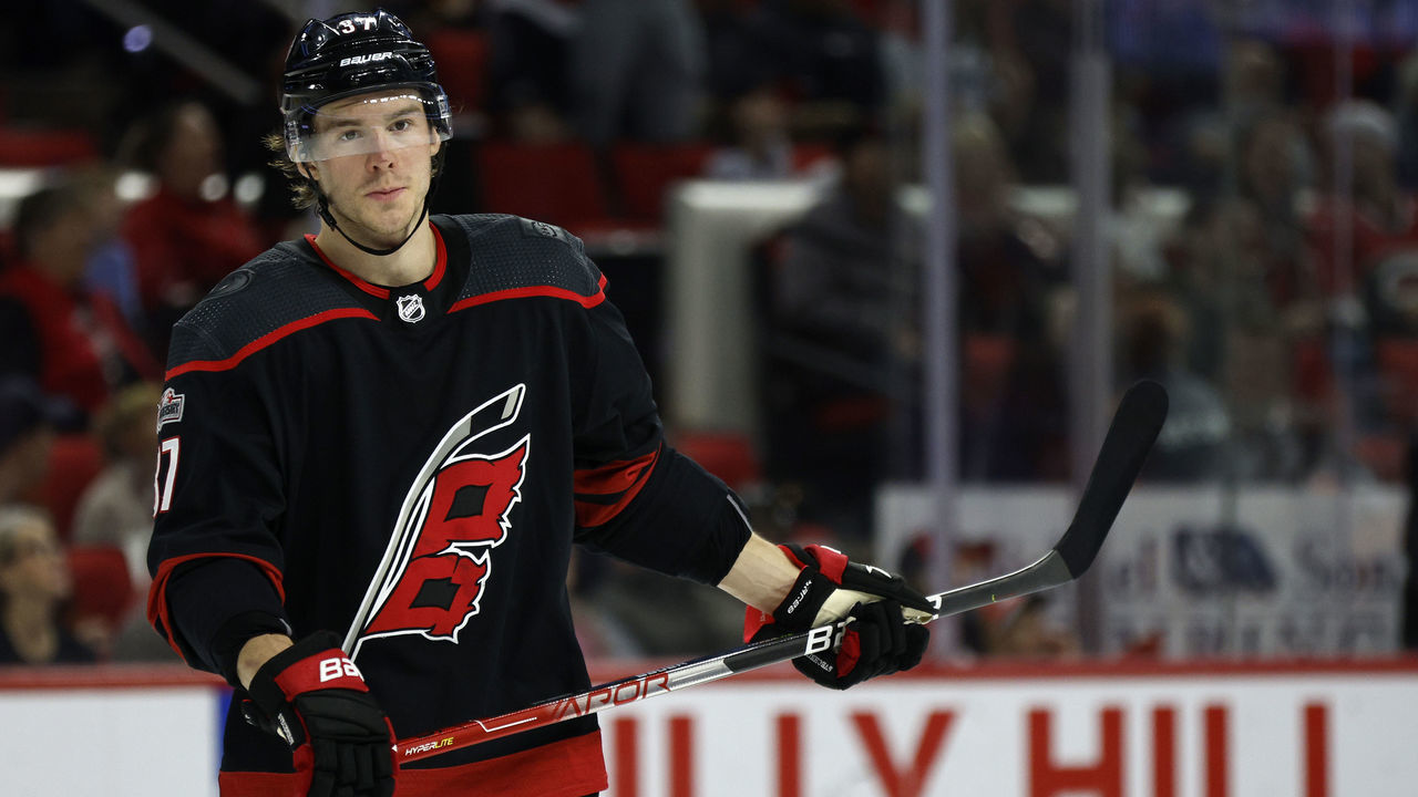 RALEIGH, NORTH CAROLINA - MARCH 05: Andrei Svechnikov #37 of the Carolina Hurricanes looks on during the third period of the game against the Tampa Bay Lightning at PNC Arena on March 05, 2023 in Raleigh, North Carolina.