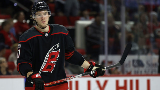 RALEIGH, NORTH CAROLINA - MARCH 05: Andrei Svechnikov #37 of the Carolina Hurricanes looks on during the third period of the game against the Tampa Bay Lightning at PNC Arena on March 05, 2023 in Raleigh, North Carolina.