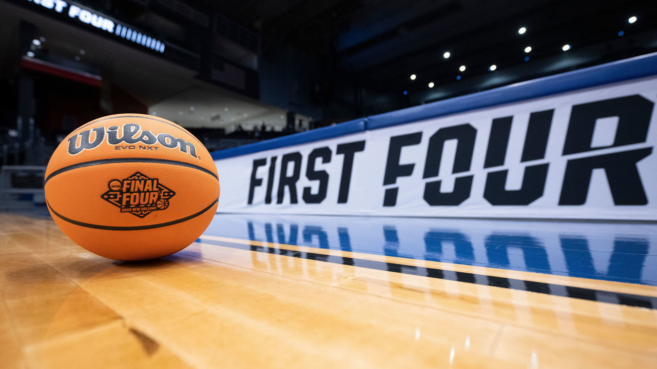 DAYTON, OH - MARCH 16: A basketball sits on the court before day two of the First Four round of the 2022 NCAA Men's Basketball Tournament held at UD Arena on March 16, 2022 in Dayton, Ohio.