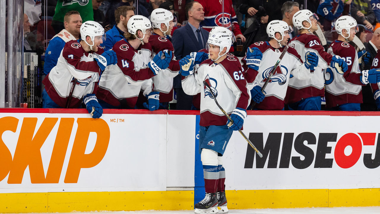 MONTREAL, CANADA - MARCH 13: Artturi Lehkonen #62 of the Colorado Avalanche celebrates a goal with the benchduring the first period of the NHL regular season game between the Montreal Canadiens and the Colorado Avalanche at the Bell Centre on March 13, 2023 in Montreal, Quebec, Canada.