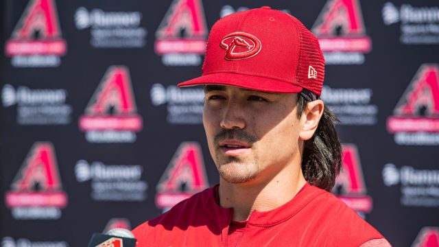 SCOTTSDALE, ARIZONA - MARCH 12: Corbin Carroll of the Arizona Diamondbacks addresses the media after signing a contract extension before the Spring Training game against the Colorado Rockies at Salt River Fields at Talking Stick on March 12, 2023 in Scottsdale, Arizona.
