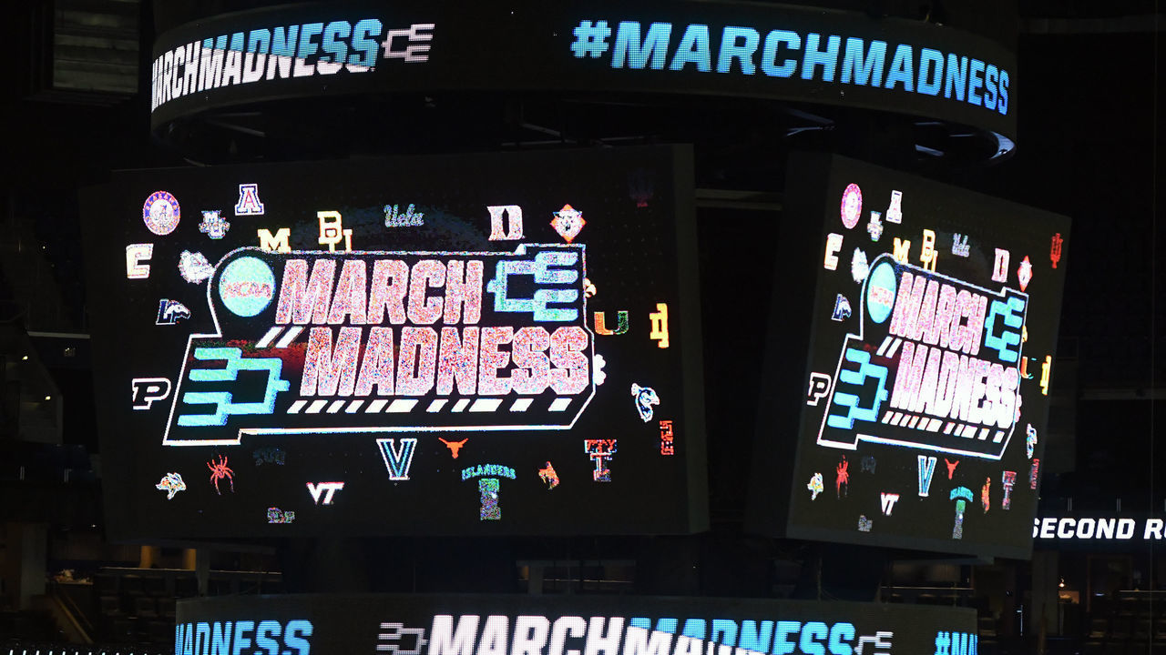 BUFFALO, NEW YORK - MARCH 17: The March Madness logo signage of the scoreboard before the first round game of the 2022 NCAA Men's Basketball Tournament between the South Dakota State Jackrabbits and the Providence Friars at KeyBank Center on March 17, 2022 in Buffalo, New York.