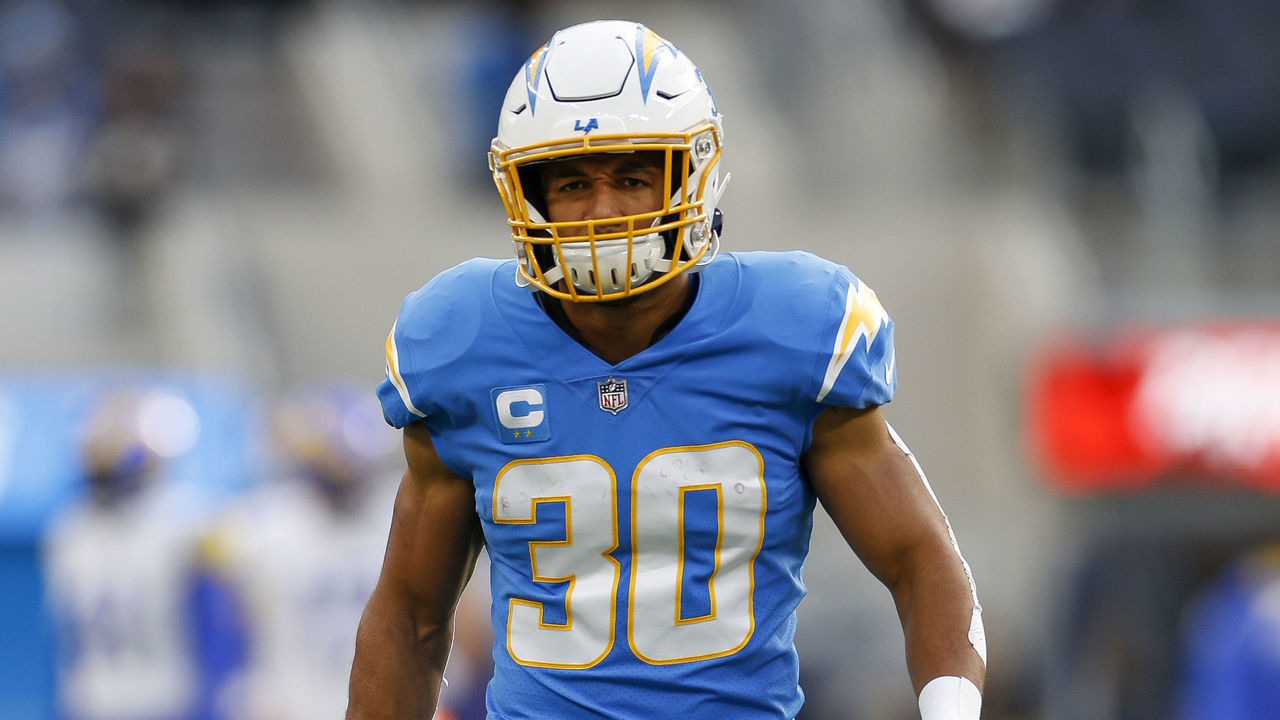 INGLEWOOD, CA - JANUARY 01: Los Angeles Chargers running back Austin Ekeler (30) looks on during an NFL regular season game between the Los Angeles Rams and the Los Angeles Chargers on January 01, 2023, at SoFi Stadium in Inglewood, CA.