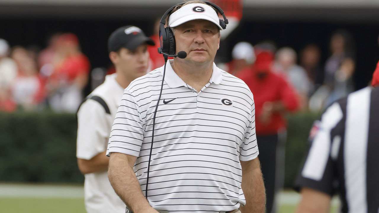 ATHENS, GA - SEPTEMBER 10: Georgia Bulldogs Head Coach Kirby Smart looks on from the sidelines during the Saturday afternoon college football game between the defending National Champion Georgia Bulldogs and the Samford Bulldogs on September 10, 2022 at Sanford Stadium in Athens, Georgia.