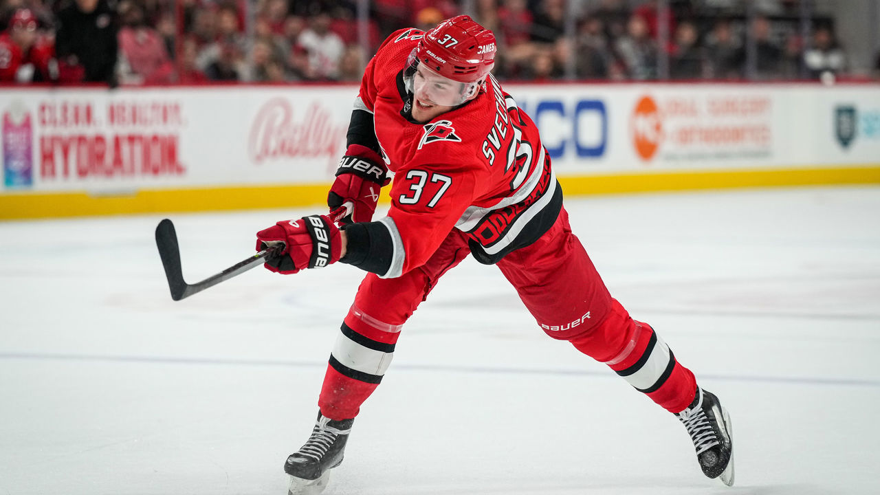 RALEIGH, NORTH CAROLINA - JANUARY 05: Andrei Svechnikov #37 of the Carolina Hurricanes shoots the puck during the third period against the Nashville Predators at PNC Arena on January 05, 2023 in Raleigh, North Carolina.