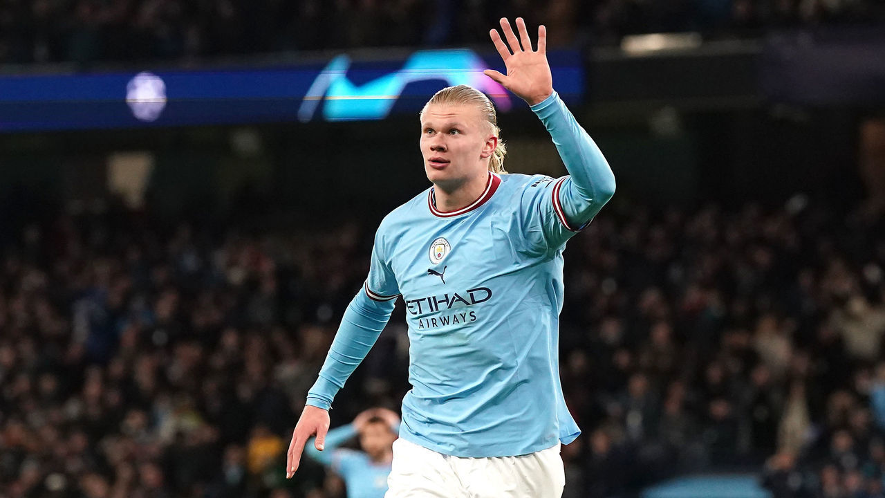 Manchester City's Erling Haaland celebrates scoring their side's sixth goal of the game and his fifth goal during the UEFA Champions League round of sixteen second leg match at Etihad Stadium, Manchester. Picture date: Tuesday March 14, 2023.