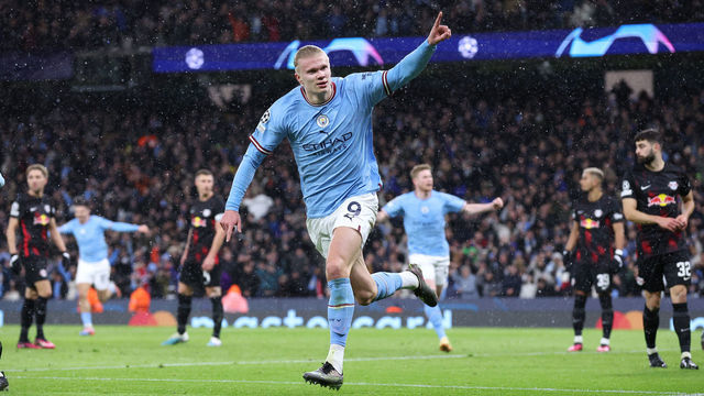 MANCHESTER, ENGLAND - MARCH 14: Erling Haaland of Manchester City celebrates after scoring their second goal during the UEFA Champions League round of 16 leg two match between Manchester City and RB Leipzig at Etihad Stadium on March 14, 2023 in Manchester, England.